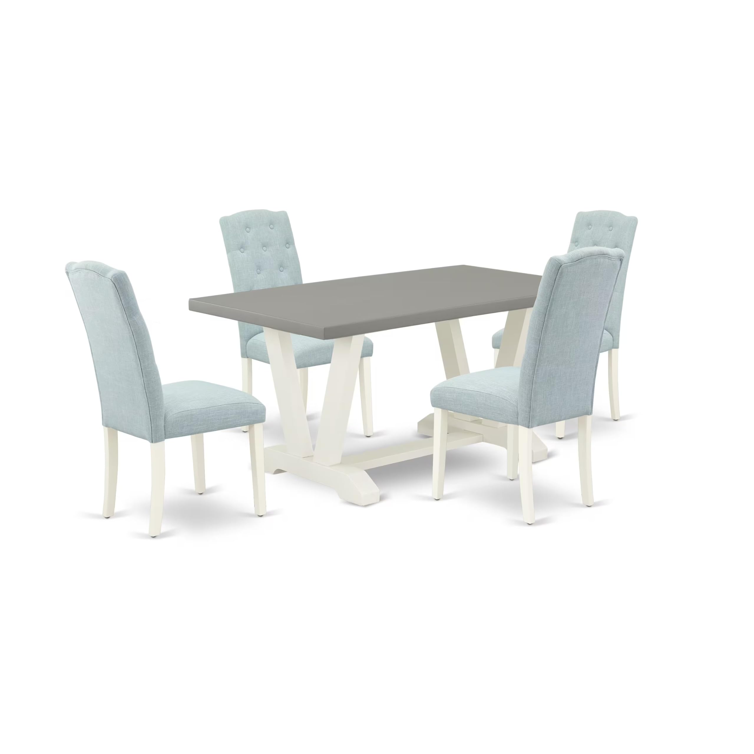 East West Furniture V096Ce215-5 5 Piece Dining Set Includes A Rectangle Dining Room Table With V-Legs And 4 Baby Blue Linen Fabric Upholstered Parson Chairs, 36X60 Inch, Multi-Color